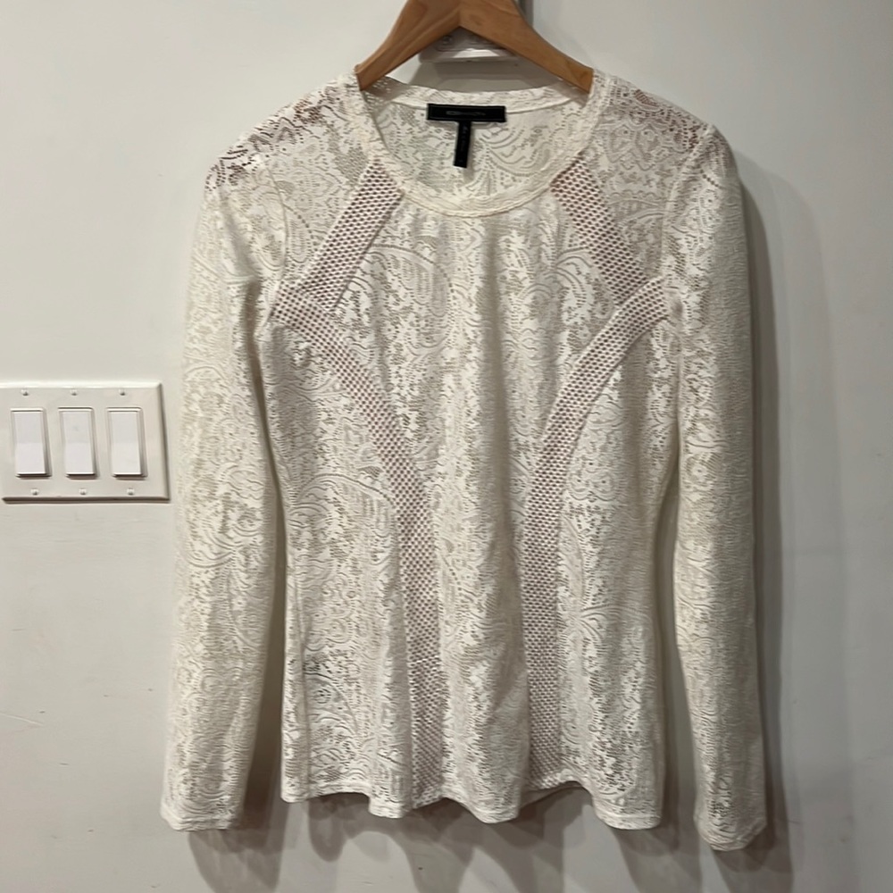 BCBG MAXAZRIA Mikayla Off White Paisley Stretch Lace Long Sleeve Top - Size M